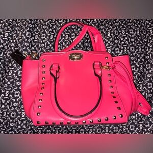 NWT Women's Hot Pink Studded Satchel Handbag with removable crossbody strap